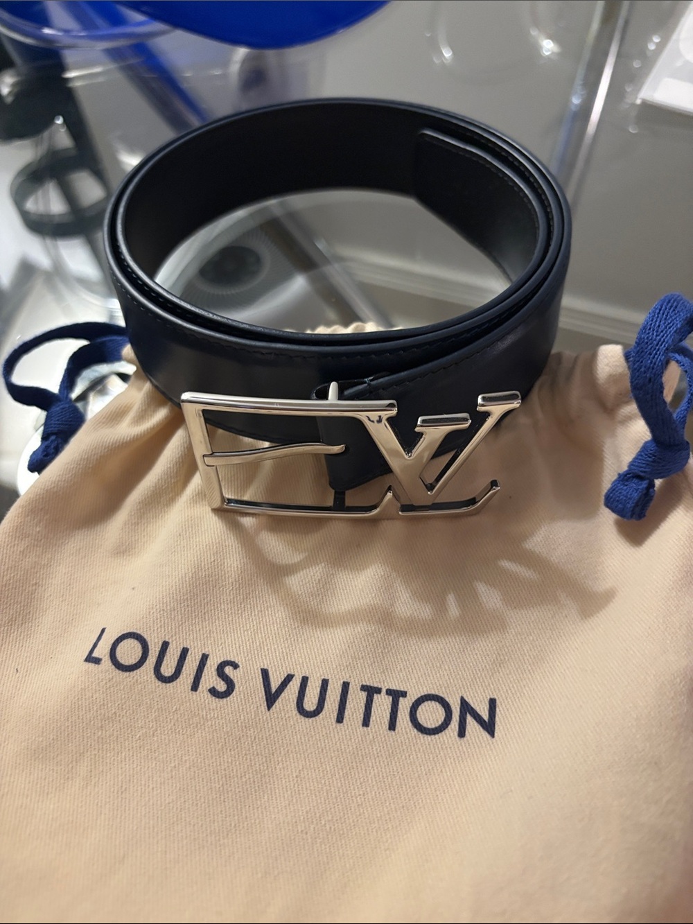 Louis Vuitton Men’s blue Leather Belt with Silver LV Buckle